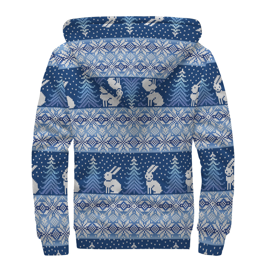 Snow Rabbit Knitted Pattern Print Sherpa Lined Zip Up Hoodie