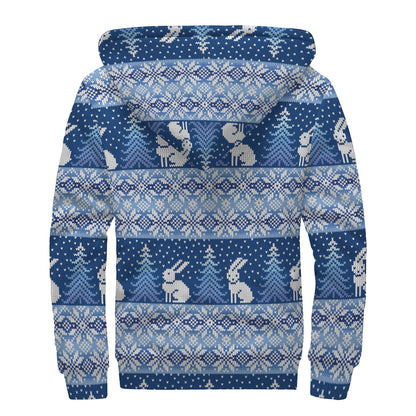 Snow Rabbit Knitted Pattern Print Sherpa Lined Zip Up Hoodie