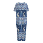 Snow Rabbit Knitted Pattern Print Short Sleeve Long Nightdress