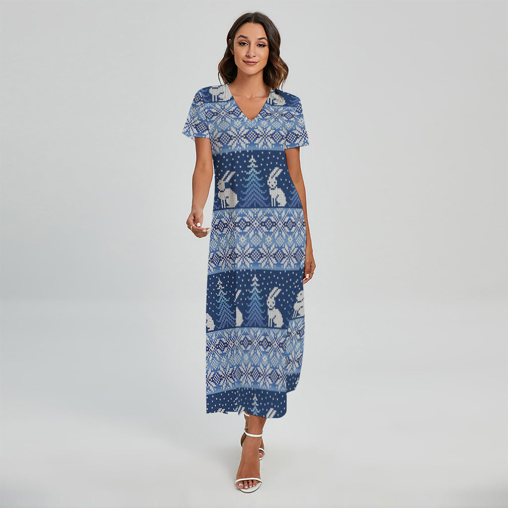Snow Rabbit Knitted Pattern Print Short Sleeve Maxi Dress