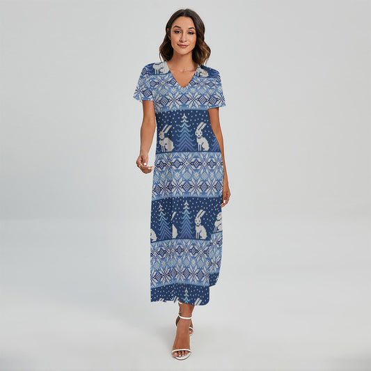 Snow Rabbit Knitted Pattern Print Short Sleeve Maxi Dress