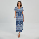 Snow Rabbit Knitted Pattern Print Short Sleeve Maxi Dress