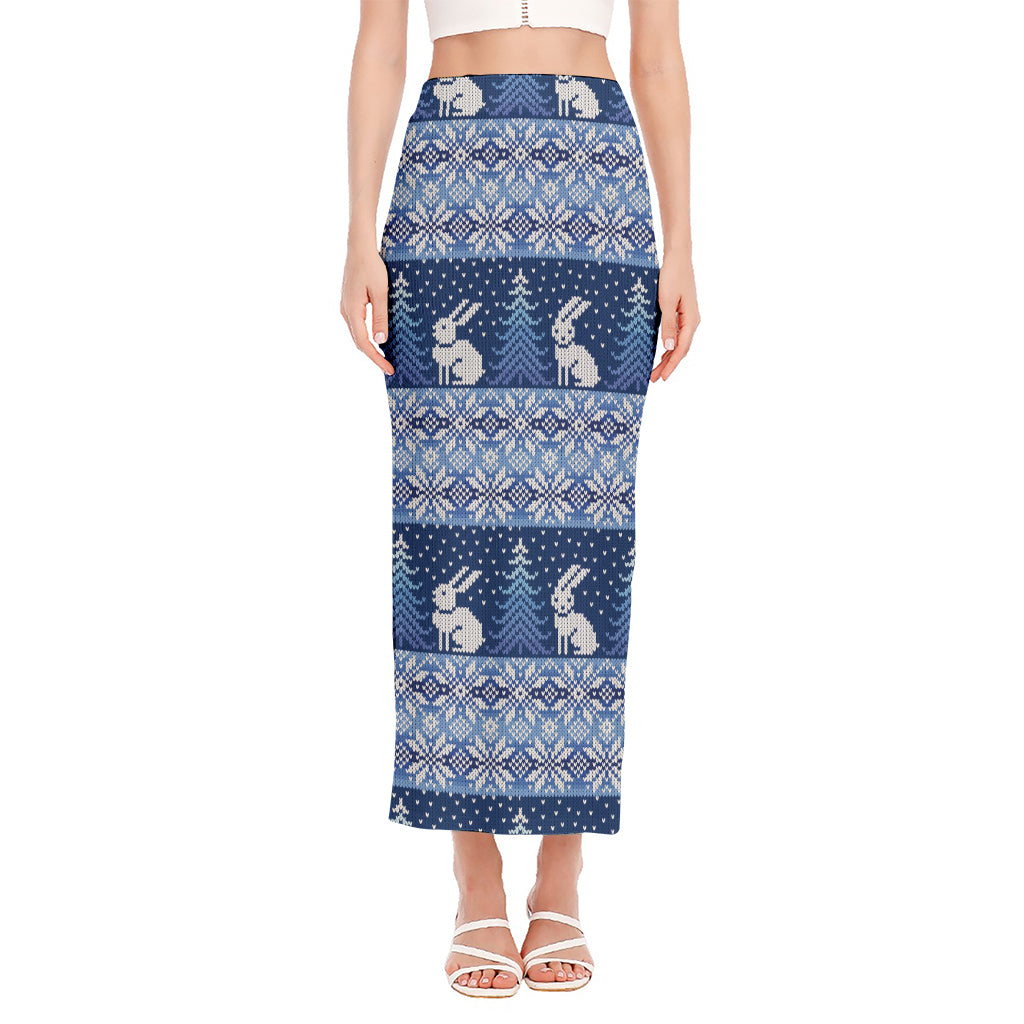 Snow Rabbit Knitted Pattern Print Side Slit Maxi Skirt