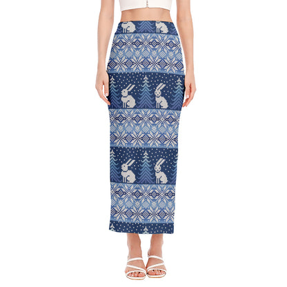 Snow Rabbit Knitted Pattern Print Side Slit Maxi Skirt