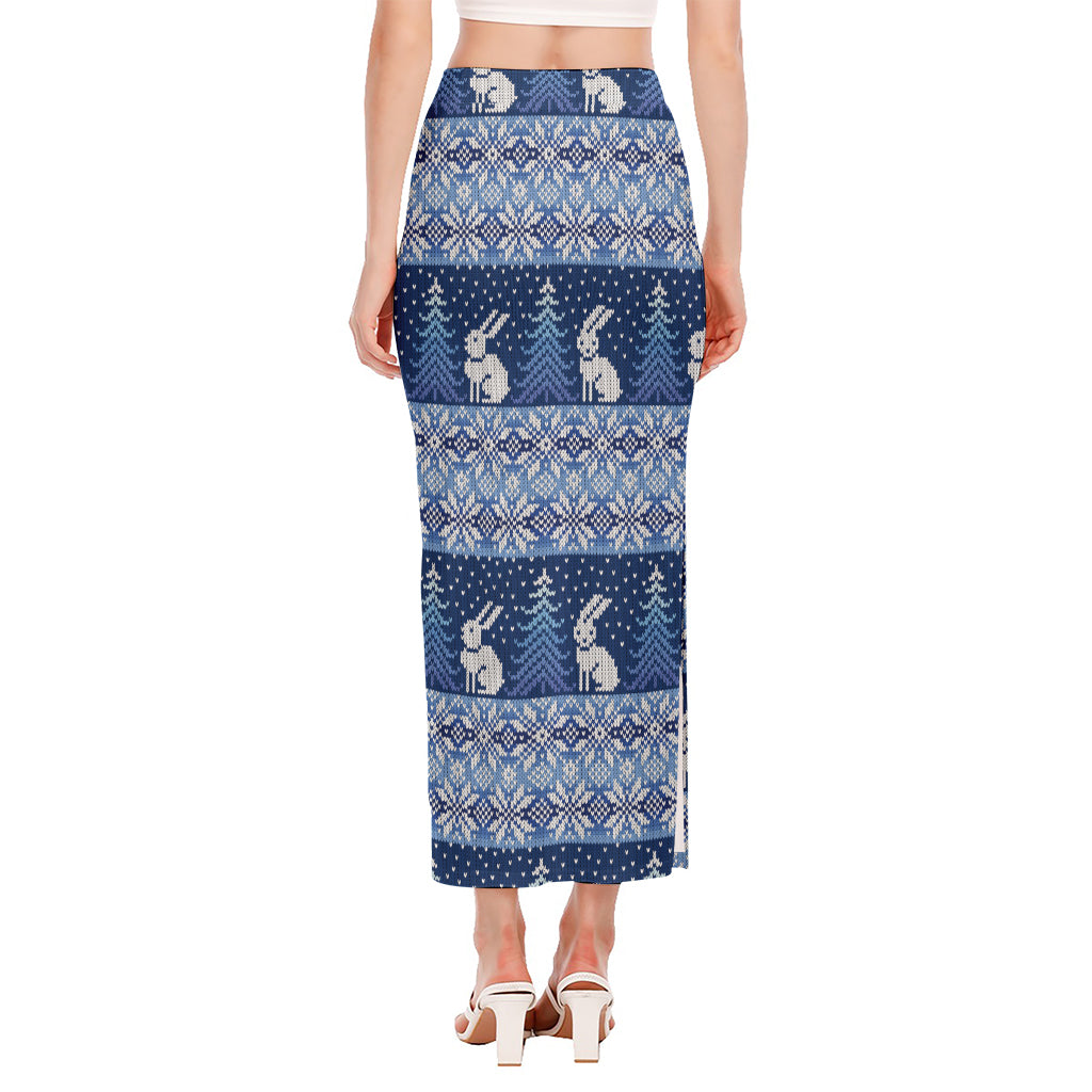 Snow Rabbit Knitted Pattern Print Side Slit Maxi Skirt