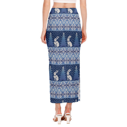 Snow Rabbit Knitted Pattern Print Side Slit Maxi Skirt