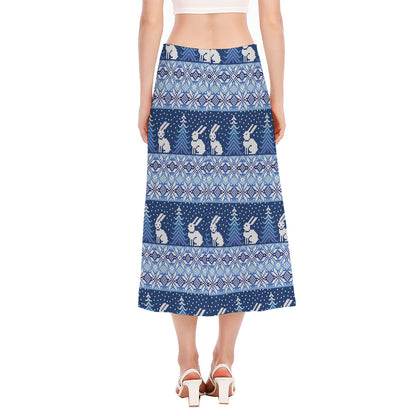 Snow Rabbit Knitted Pattern Print Side Slit Midi Skirt