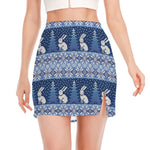 Snow Rabbit Knitted Pattern Print Side Slit Mini Skirt