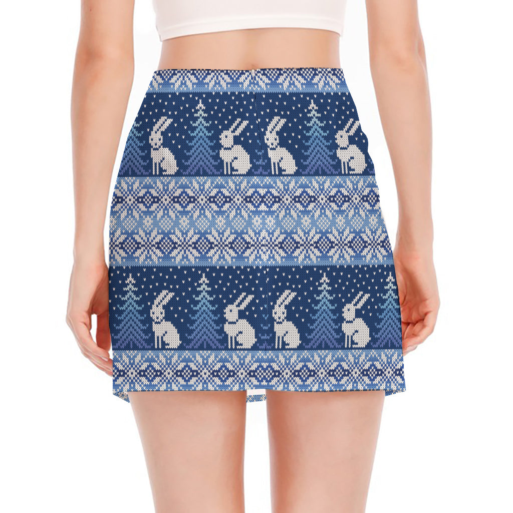 Snow Rabbit Knitted Pattern Print Side Slit Mini Skirt
