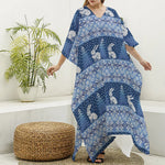 Snow Rabbit Knitted Pattern Print Silk V-Neck Kaftan Dress