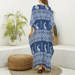 Snow Rabbit Knitted Pattern Print Silk V-Neck Kaftan Dress