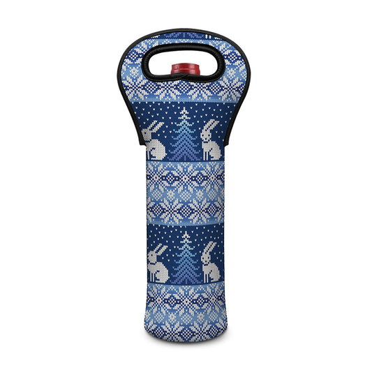 Snow Rabbit Knitted Pattern Print Single Neoprene Wine Tote
