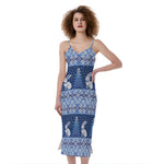 Snow Rabbit Knitted Pattern Print Slim Fit Midi Cami Dress