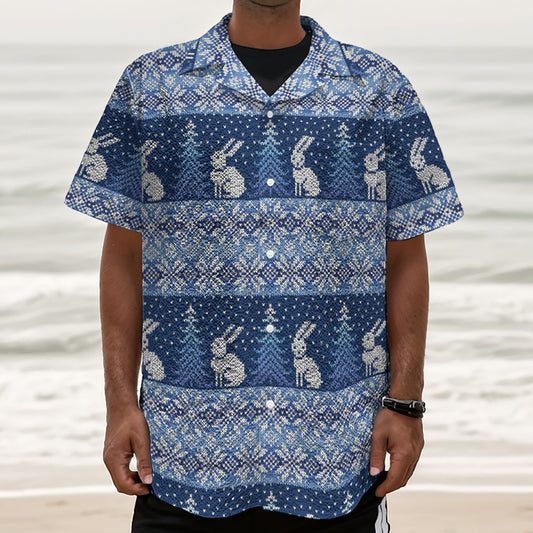 Snow Rabbit Knitted Pattern Print Textured Short Sleeve Shirt