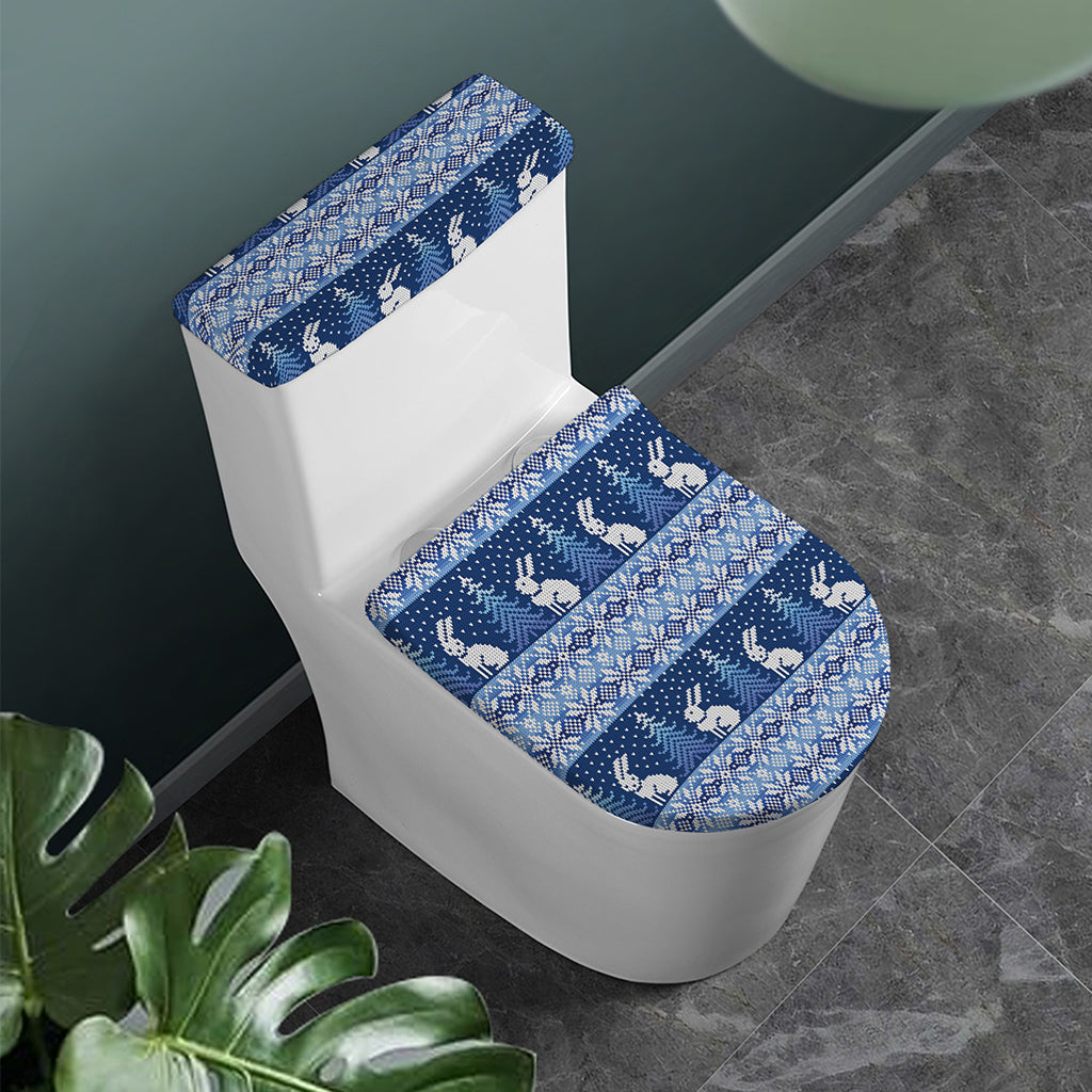 Snow Rabbit Knitted Pattern Print Toilet Lid And Tank Cover Set