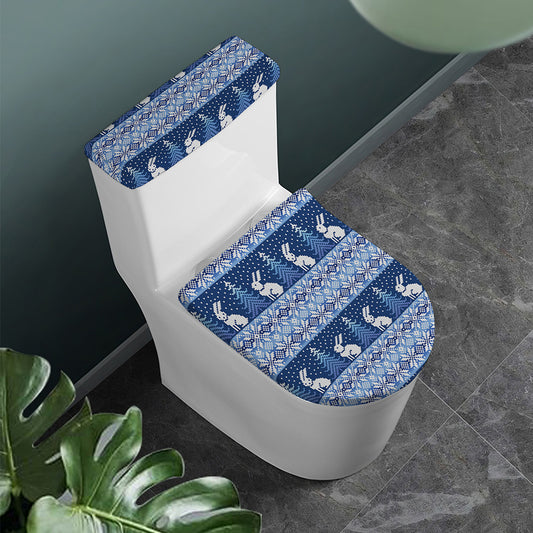 Snow Rabbit Knitted Pattern Print Toilet Lid And Tank Cover Set