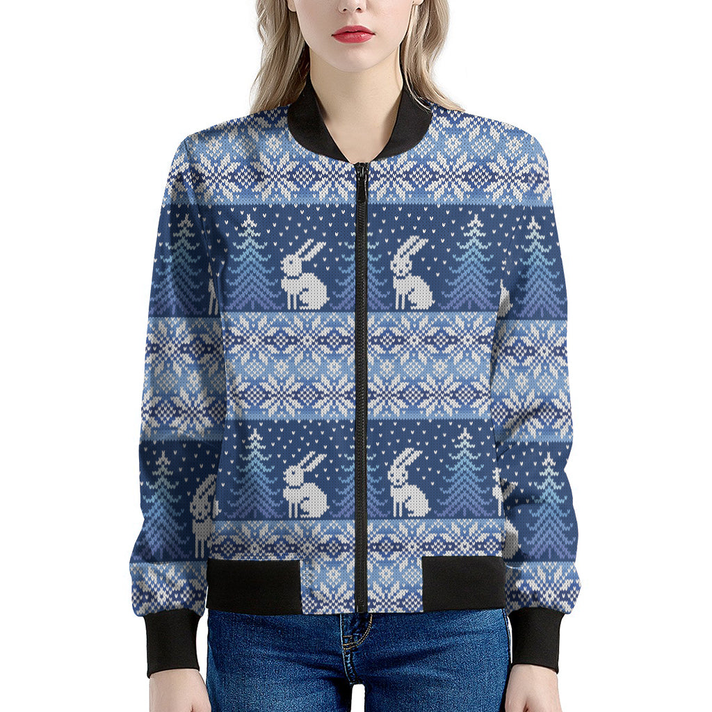 Snow Rabbit Knitted Pattern Print Women's Bomber Jacket