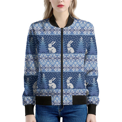Snow Rabbit Knitted Pattern Print Women's Bomber Jacket