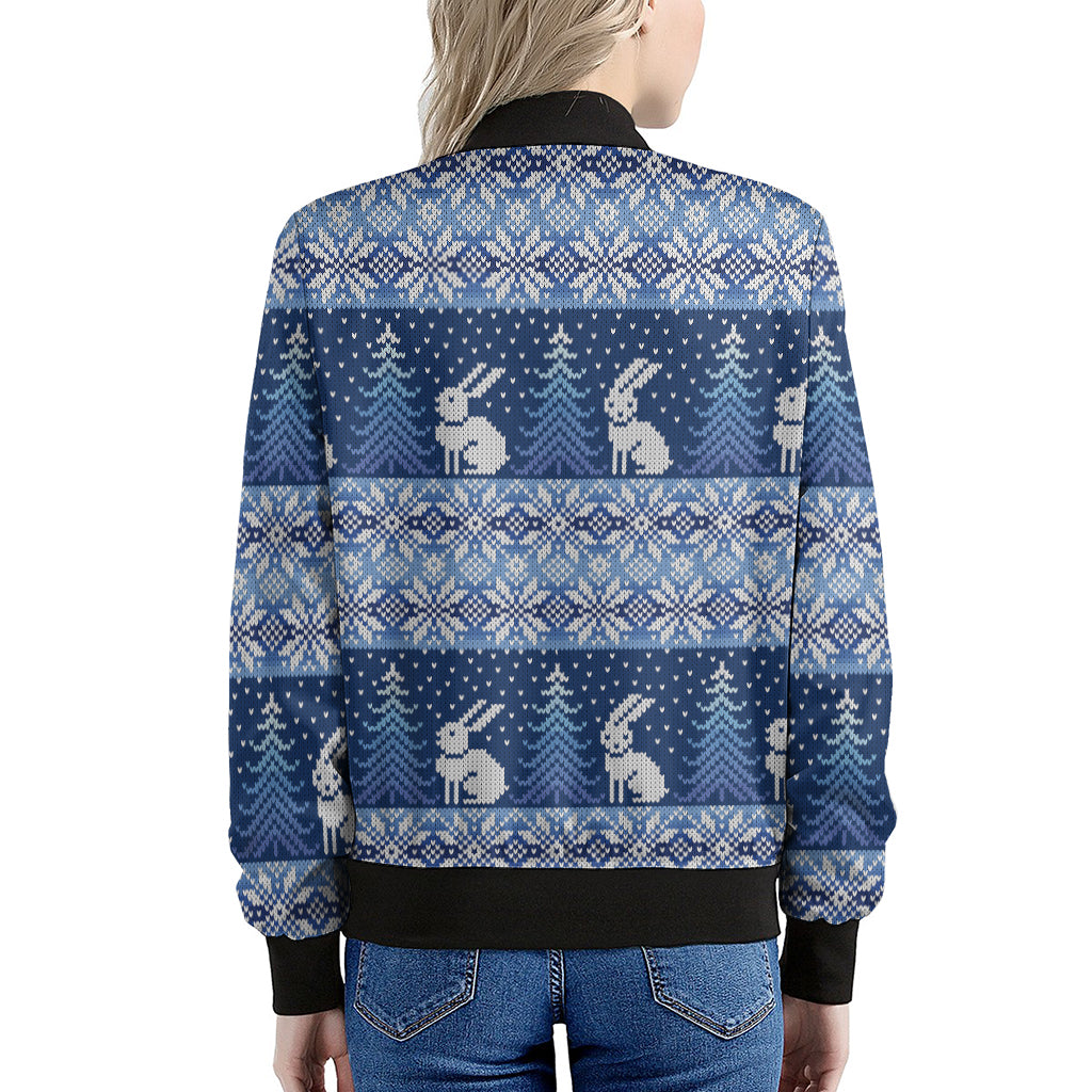 Snow Rabbit Knitted Pattern Print Women's Bomber Jacket