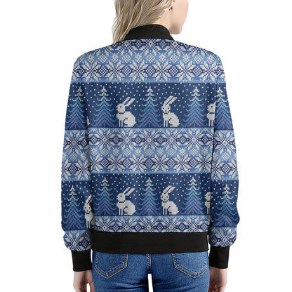 Snow Rabbit Knitted Pattern Print Women's Bomber Jacket