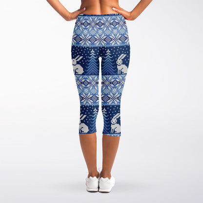 Snow Rabbit Knitted Pattern Print Women's Capri Leggings