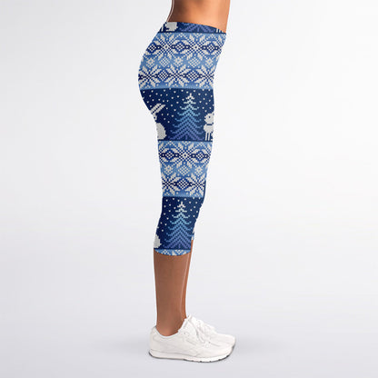 Snow Rabbit Knitted Pattern Print Women's Capri Leggings