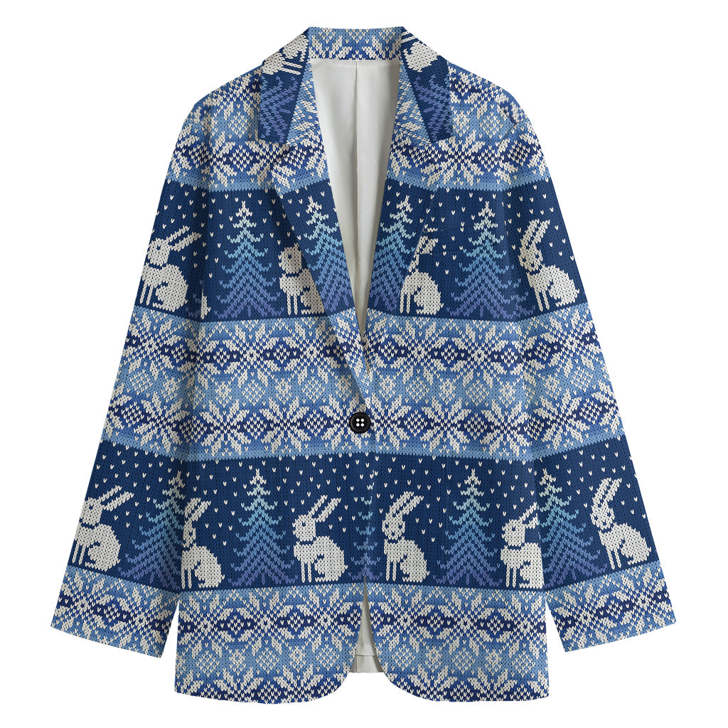 Snow Rabbit Knitted Pattern Print Women's Cotton Blazer