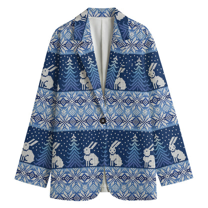 Snow Rabbit Knitted Pattern Print Women's Cotton Blazer
