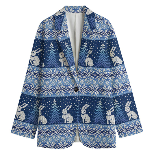 Snow Rabbit Knitted Pattern Print Women's Cotton Blazer