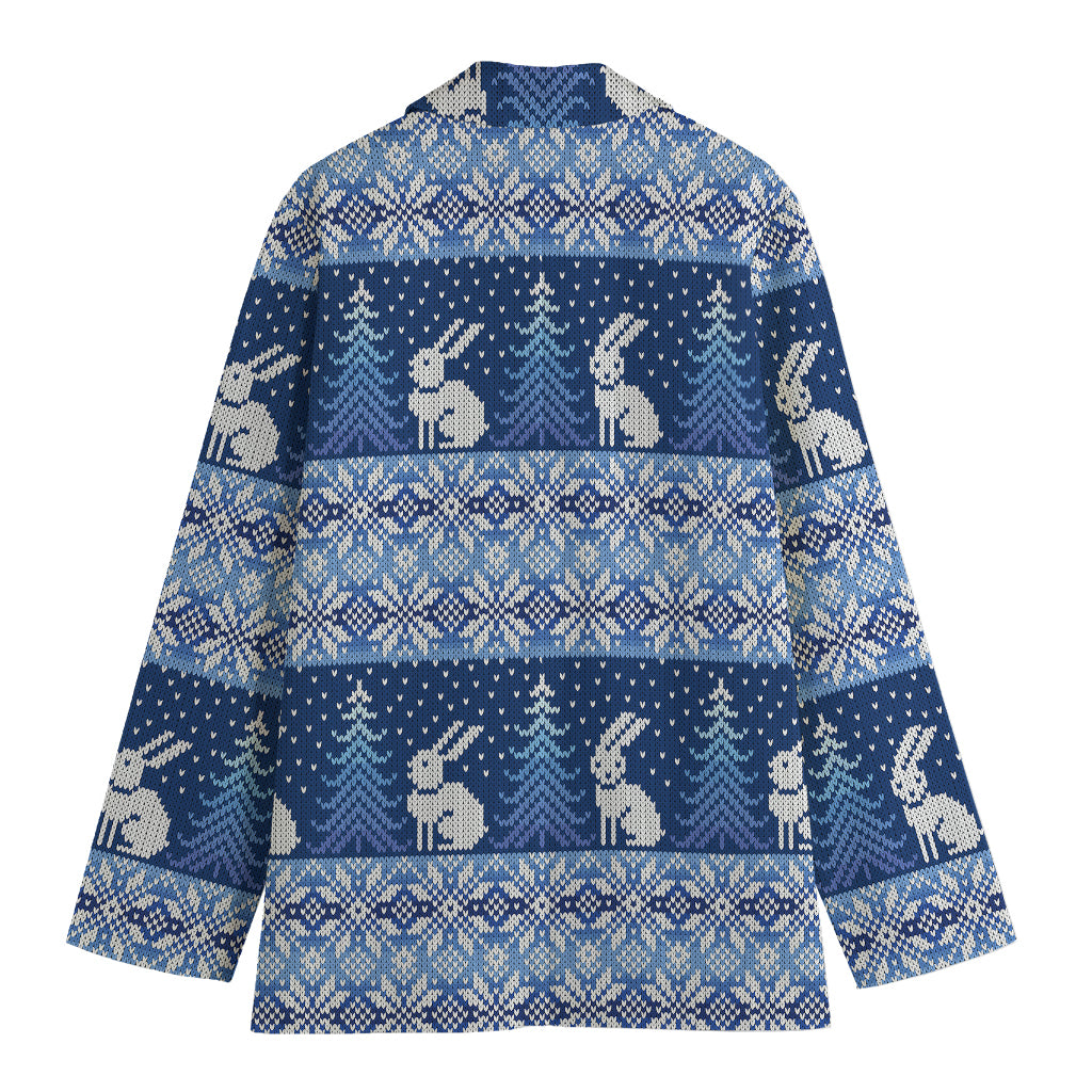 Snow Rabbit Knitted Pattern Print Women's Cotton Blazer