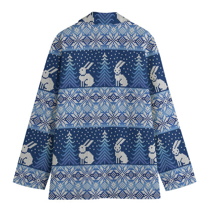 Snow Rabbit Knitted Pattern Print Women's Cotton Blazer