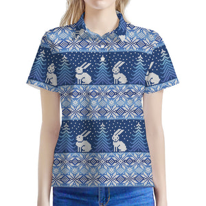 Snow Rabbit Knitted Pattern Print Women's Polo Shirt