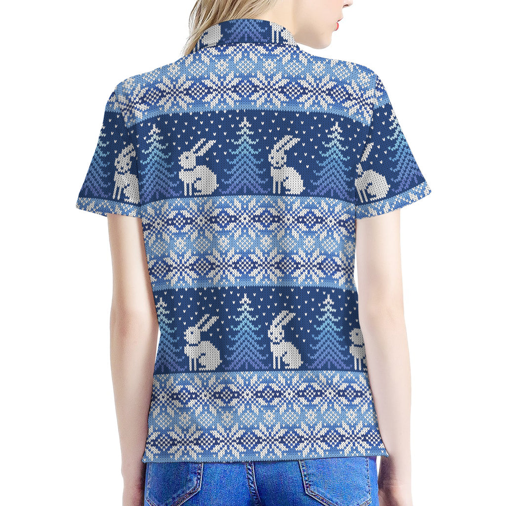 Snow Rabbit Knitted Pattern Print Women's Polo Shirt