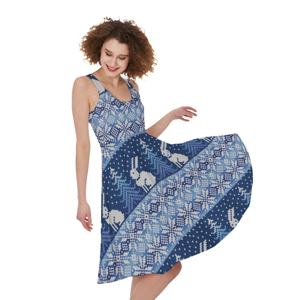 Snow Rabbit Knitted Pattern Print Women's Sleeveless Dress