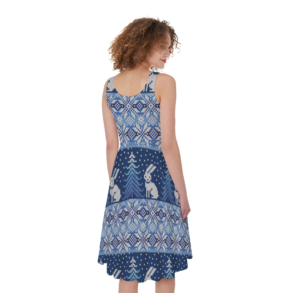 Snow Rabbit Knitted Pattern Print Women's Sleeveless Dress