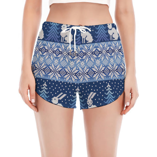Snow Rabbit Knitted Pattern Print Women's Split Running Shorts