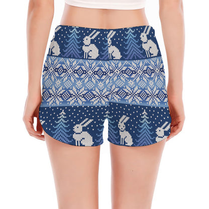 Snow Rabbit Knitted Pattern Print Women's Split Running Shorts