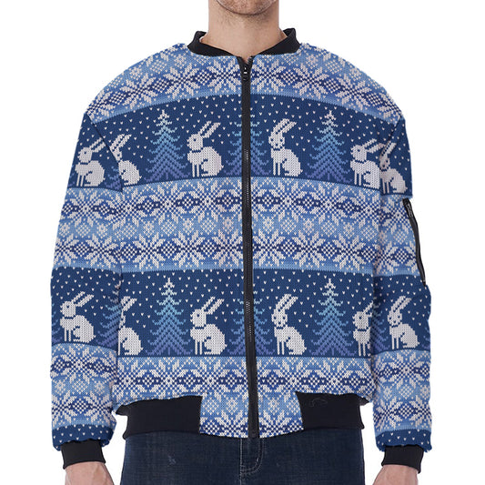 Snow Rabbit Knitted Pattern Print Zip Sleeve Bomber Jacket