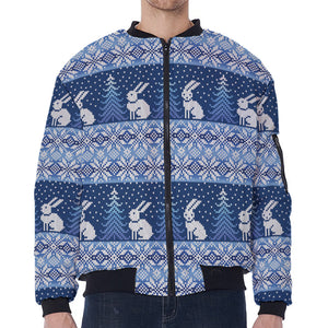 Snow Rabbit Knitted Pattern Print Zip Sleeve Bomber Jacket