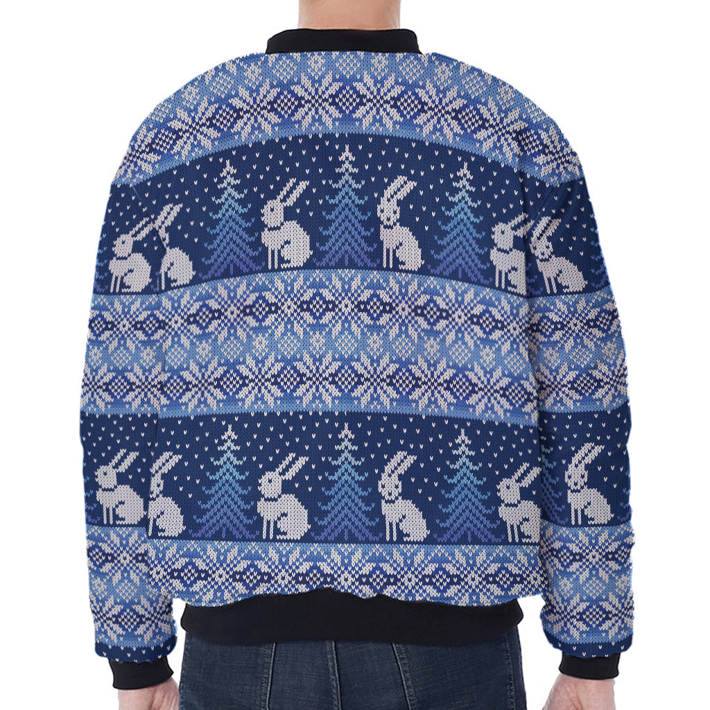 Snow Rabbit Knitted Pattern Print Zip Sleeve Bomber Jacket