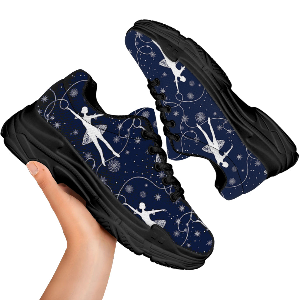 Snowflake Ballet Pattern Print Black Chunky Shoes