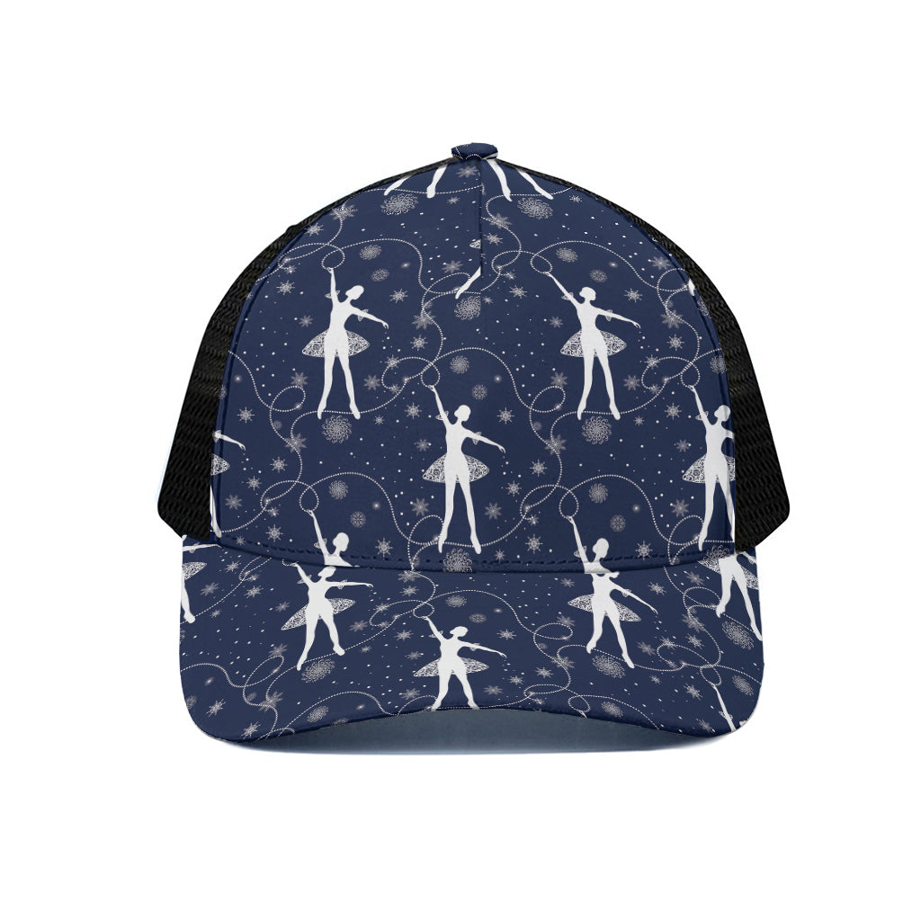 Snowflake Ballet Pattern Print Black Mesh Trucker Cap