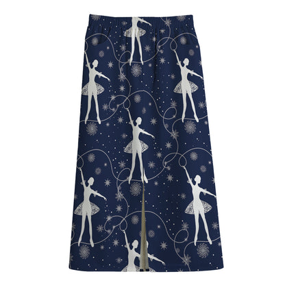 Snowflake Ballet Pattern Print Cotton Front Slit Maxi Skirt