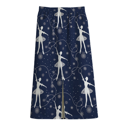 Snowflake Ballet Pattern Print Cotton Front Slit Maxi Skirt