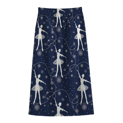 Snowflake Ballet Pattern Print Cotton Front Slit Maxi Skirt