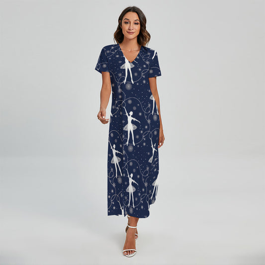 Snowflake Ballet Pattern Print Short Sleeve Maxi Dress