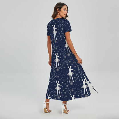 Snowflake Ballet Pattern Print Short Sleeve Maxi Dress