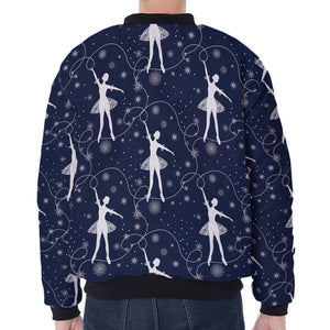 Snowflake Ballet Pattern Print Zip Sleeve Bomber Jacket