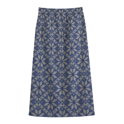Snowflakes Knitted Pattern Print Cotton Front Slit Maxi Skirt