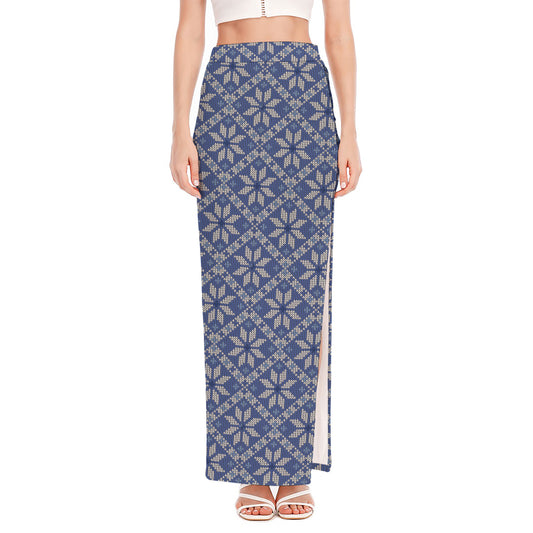 Snowflakes Knitted Pattern Print High Slit Maxi Skirt
